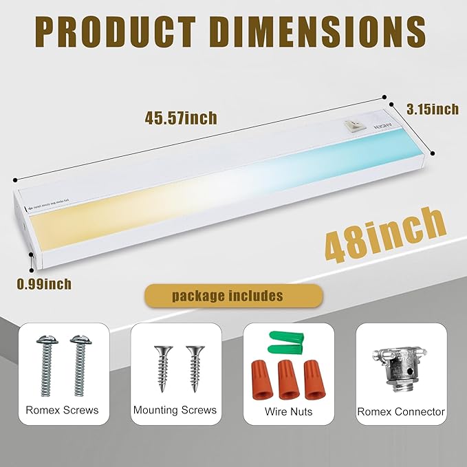 Ansen Hardwired Under Cabinet Lighting, 48in 26W LED Light for Kitchen/Closet, 1720lm, CRI>92, R9>90, Dimmable, 5 Color Temperature, 2700K-5000K(Warm White, Cool White, Daylight)