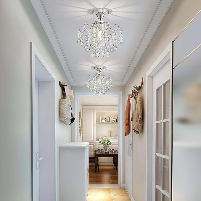 WUZUPS Crystal Chandelier Flushmount Ceiling Light Modern Lighting Fixture for Bedroom Hallway Bar Kitchen Bathroom, H 13.4" x W 12.6", E26 Base, Chrome