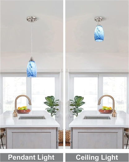 karyfine Mini Pendant Lights Kitchen Island White Blue Glass Lamp Shade Hand Blown Glass Pendant Light with Brush Nickel Finish Adjustable Cord for Kitchen Over Sink Hallway,Dining Room,Stairs Way