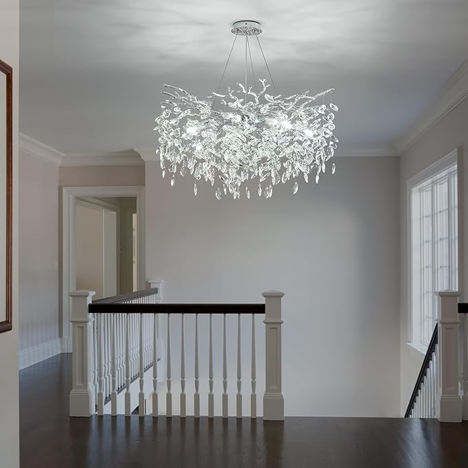 Modern Crystal Tree Branch Chandelier, D23.7'' Round Silver Raindrop Indoor Hanging Ceiling Lighting Fixture for Dining Room Living Room Bedroom Foyer 8 Lights