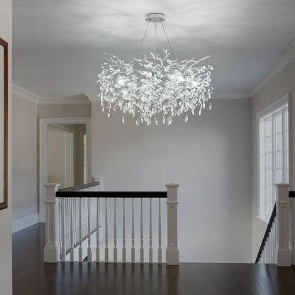 Modern Crystal Tree Branch Chandelier, D23.7'' Round Silver Raindrop Indoor Hanging Ceiling Lighting Fixture for Dining Room Living Room Bedroom Foyer 8 Lights