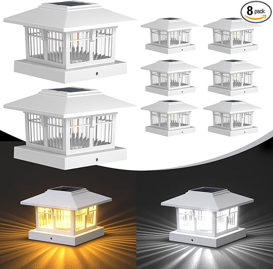 EXCMARK 4x4 Solar Post Cap Lights, 8 Pack Fence Deck Post Lights Outdoor Solar Powered Waterproof with Two Light Modes Warm&Cool White for Garden Patio Decor. (Classic White, 8)