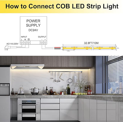 Pandery LED Strip Lights 32.8FT,Dimmable cob led Strip with Adapter and Remote,Superbright 24V led Tape,CRI90+,2700K Warm White led Strips,Indoor Perfect for Cabinet,Room,Kitchen,TV,Mirror