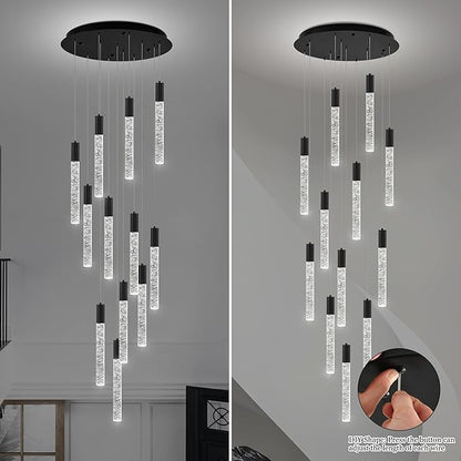 Modern High Ceiling Crystal Chandelier 12-Lights, Large Spiral LED Raindrop Foyer Pendant Lighting, Bubble Staircase Living Room Hanging Light Fixture Flush Mount Black