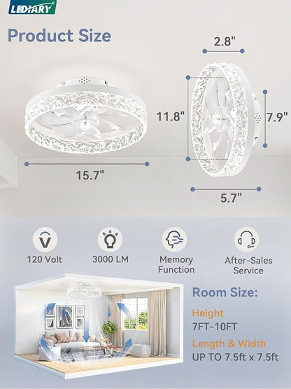 LEDIARY 15.7 Inch Low Profile Ceiling Fans with Lights and Remote, Flush Mount Ceiling Fan, 3000K-6000K Fandelier Dimmable Ceiling Fan, Modern Ceiling Fans with Light for Bedroom- White
