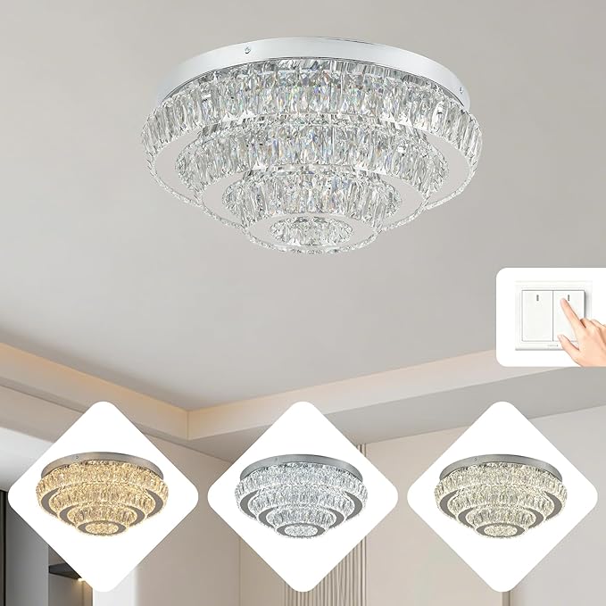 Modern 3-Tier Round Crystal Ceiling Light, 17.7" Flush Mount Chandelier, 3 Color Temperatures via Wall Switch, K9 Crystal LED Ceiling Lamp for Living Room Bedroom Dining Room Hallway, Non-Dimmable