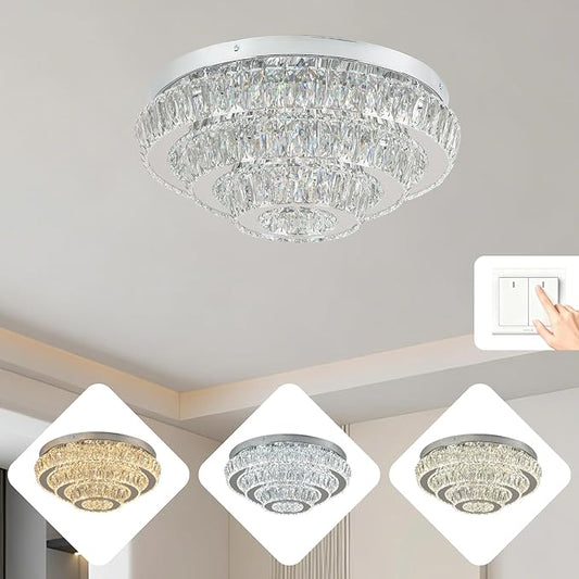 Modern 3-Tier Round Crystal Ceiling Light, 17.7" Flush Mount Chandelier, 3 Color Temperatures via Wall Switch, K9 Crystal LED Ceiling Lamp for Living Room Bedroom Dining Room Hallway, Non-Dimmable