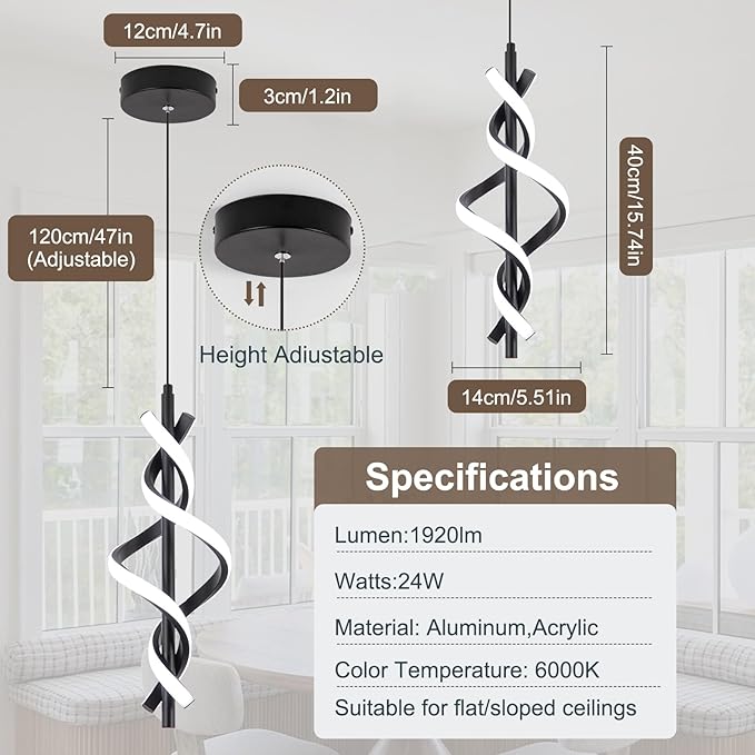 Modern LED Pendant Light Fixtures 6000K Pendant Lights Black Hanging Lamp for Dining Room Bedroom Living Room (1 Pack)