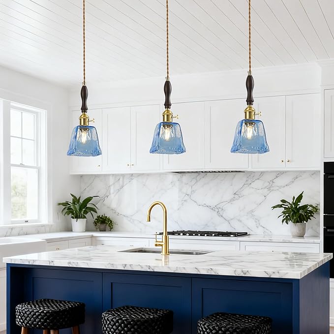 Blue Glass Vintage Pendant Light Height Adjustable Handmade Glass Pendant Lights Kitchen Island Gold Hanging Light Fixture with Wood Handle for Bedroom Dining Room Hotel (3 Pack)