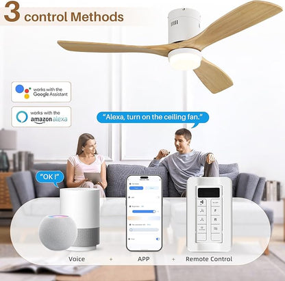 CACI Mall Smart 52 inch Wood Flush Mount Ceiling Fans with Lights and Remote, 3 Blades, Low Profile, Modern, Compatible with Alexa/Google/App, Outdoor Indoor Ceiling Fans for Bedroom/Farmhouse/Patio