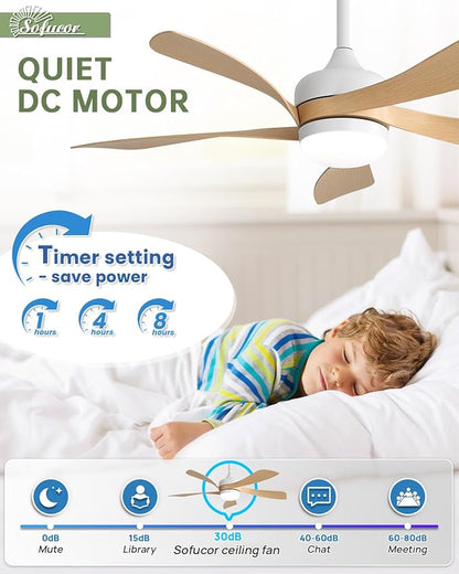 Sofucor 45 Inch Ceiling Fan with Lights and Remote, Indoor/Outdoor Ceiling Fan with Light 6-Speed 3 CCT 3-Timer, Low Profile Modern Ceiling Fan 5 Blade Quiet DC Motor for Bedroom Living Room Patio