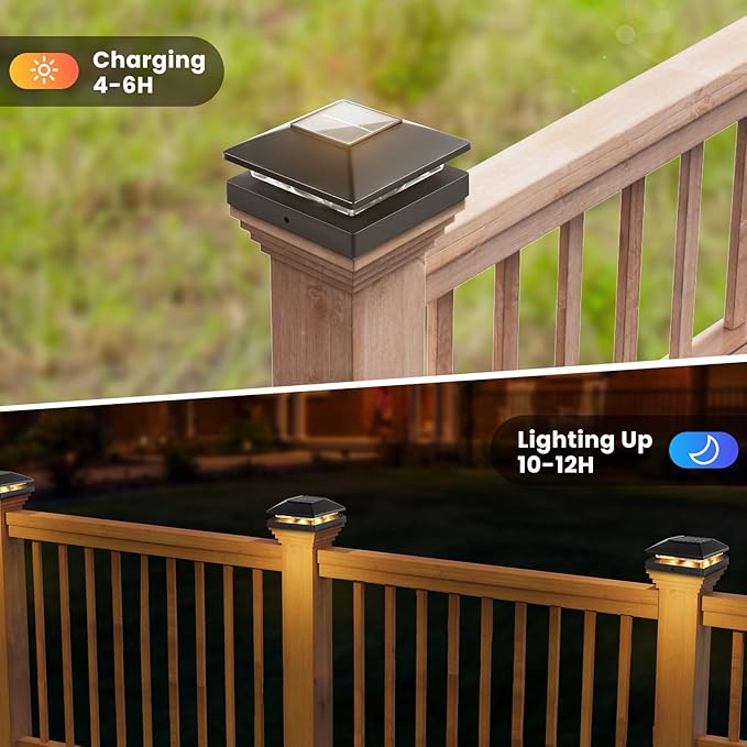 Solar Post Cap Lights Outdoor 6pack, Black Waterproof Solar Powered Deck Fence Post Lights Fit 4x4 Wood/Vinyl Posts, Bright Warm White Solar Post Lights Decorate Deck, Patio, Porch, Fence
