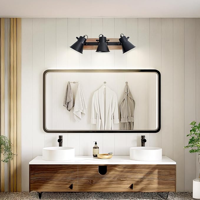 3-Lights Track Lighting Fixtures Ceiling，Farmhouse Wood Flush Mount Ceiling Light, Multi-Directional Kitchen Sink Light, Rustic Track Lighting for Kitchen Living Room, Dining Table, Foyer