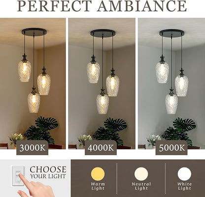 3-Light Pendant Lighting, Black Dining Room Chandelier Light Fixture Over Table with Hammered Glass, Modern Cluster Hanging Lights for Kitchen Island Sink, E26