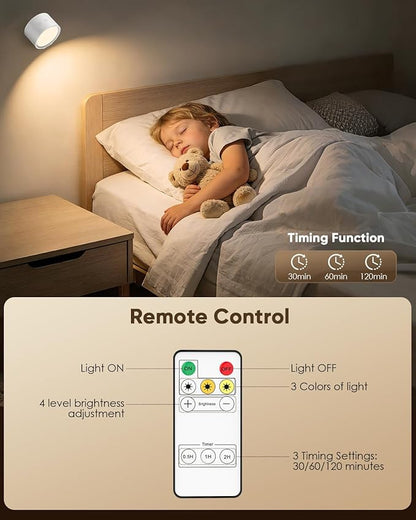 LED Wall Mounted Lights 2 Pcs with Remote, Rechargeable Wall Sconce with 3 Color Temps & Dimmable Magnetic 360° Rotation Cordless Light for Bedroom Reading Bedside (White, 2 Pack)