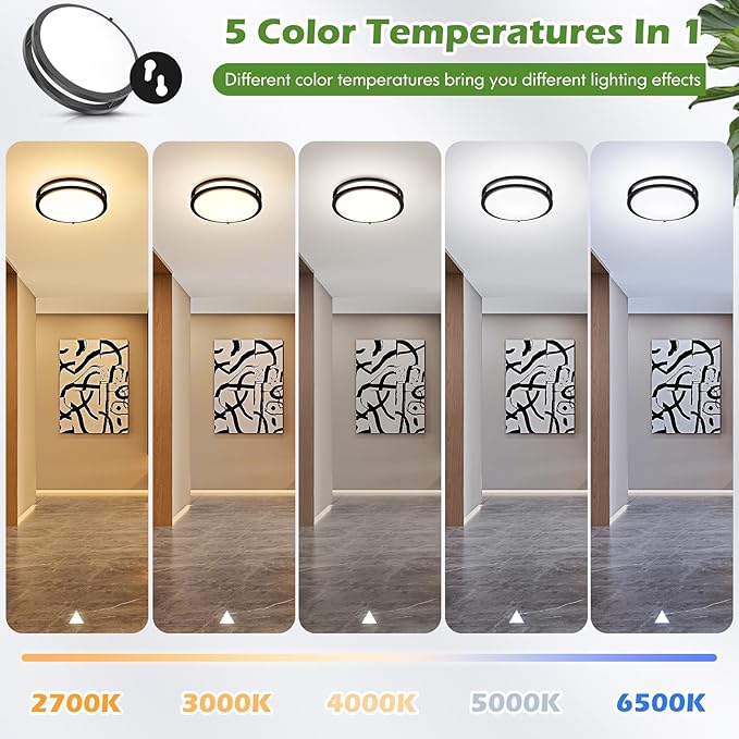 GoBright 4-Pack 36W LED Flush Mount Lights, 3200LM Black Ceiling Fixtures, 5 Color in One (2700K/3000K/4000K/5000K/6500K), 12'' Modern Round Ceiling Lamp for Kitchen, Hallway, Stairwell, Offices