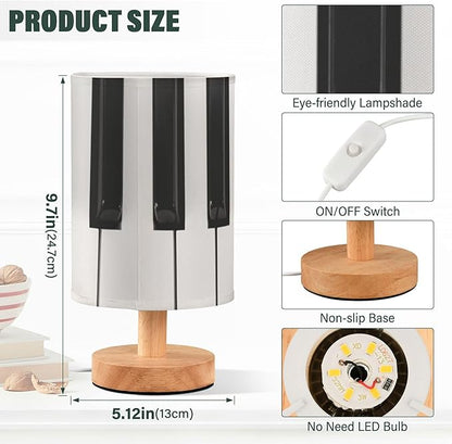Table Lamp Piano Key Black and White Musical Instrument Nightstand Lamp with Wood Base Fabric Lamp Shade Bedside Desk Lamp for Living Room Bedroom Kids Room Office