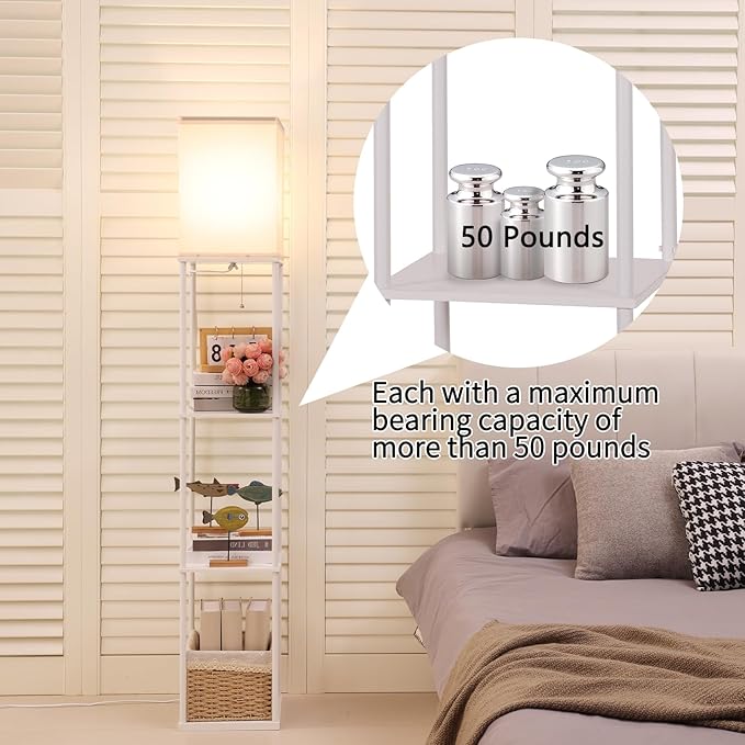 Gupuzm Floor Lamp with Shelves, with Modern Square Standing Lamp with Smart APP Control RGB Bulb, Corner Display Bookshelf Lamp for Living Room, Bedroom and Office (White-9RGB)