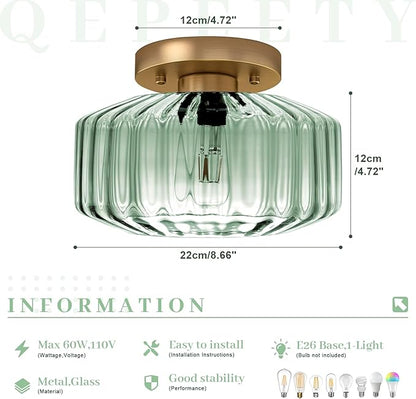 Sage Green Ribbed Glass Semi-Flush Mount Ceiling Light, 8.66" Mid-Century Modern Gold Light Fixture, E26 Base 1-Light Ceiling Lamp for Bedroom Bathroom Kitchen Hallway