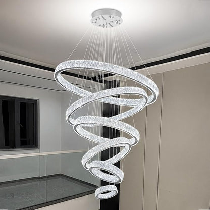 Extra Large 6 Ring Crystal Chandelier Modern LED Long Crystal Chandelier for High Ceiling Height Adjustable D8+15.7"+23.6"+31.5"+39.4"+47.5" Dimmable 2700K-6000K