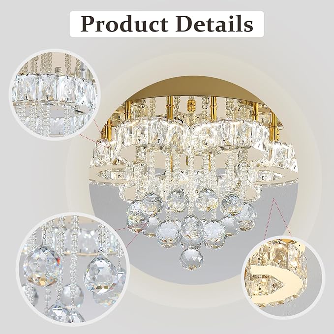 Flashing God 16" Gold Crystal Chandelier Semi Flush Mount Ceiling Light Crystal Close to Ceiling Light Fixtures for Bedroom Living Room Kitchen Hallway Dimmable Lighting 2700k 4500k 6000k