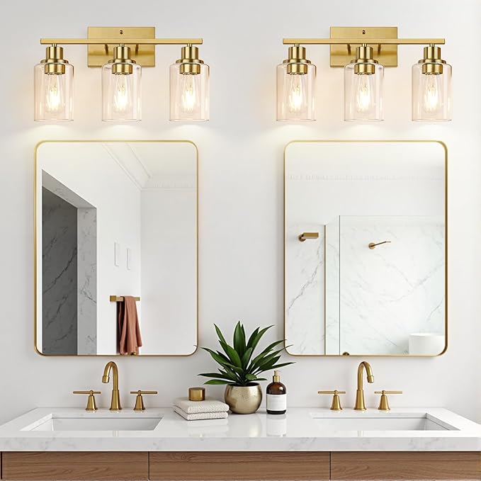 Indoi 3-Light Vanity Lights with Clear Glass Shades, Brushed Gold Bathroom Light Fixtures Over Mirror, Modern Bathroom Wall Lamp for Mirror Living Room Cabinet Bedroom Porch