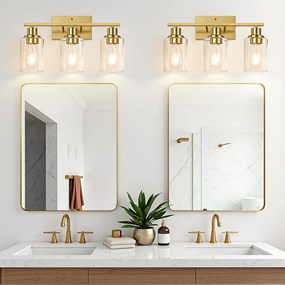 Indoi 3-Light Vanity Lights with Clear Glass Shades, Brushed Gold Bathroom Light Fixtures Over Mirror, Modern Bathroom Wall Lamp for Mirror Living Room Cabinet Bedroom Porch