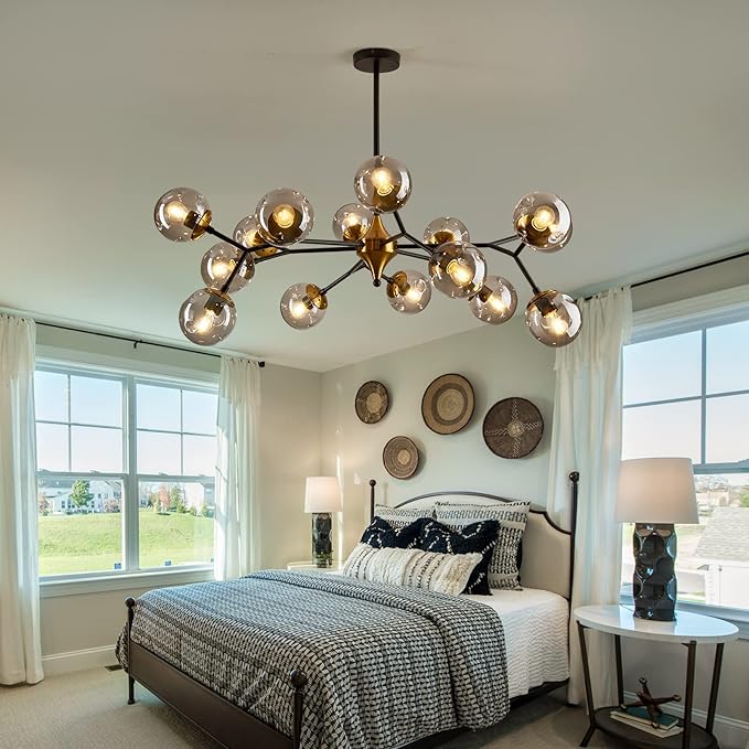 hesoge 15 Light Sputnik Modern Large Chandelier, Mid Century Black and Gold Metal Ceiling Light Fixture with Glass Globe,Pendant Light Hanging for Dining Room Kitchen Living Room Bedroom Foyer.