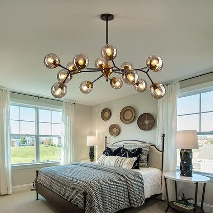 hesoge 15 Light Sputnik Modern Large Chandelier, Mid Century Black and Gold Metal Ceiling Light Fixture with Glass Globe,Pendant Light Hanging for Dining Room Kitchen Living Room Bedroom Foyer.