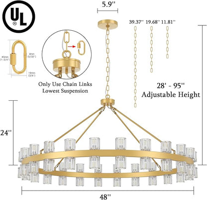48 Inch Gold Wagon Wheel Chandelier with Crystal Shade, 48 Lights, Modern Farmhouse Style, Ideal for Dining Room, Kitchen, Entryways