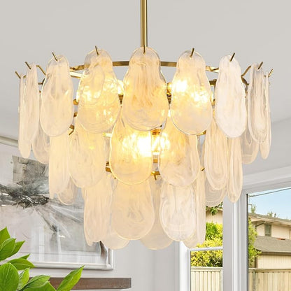 KELUOLY Modern Gold Chandelier Lighting, D23.6 Inch Creative Cloud Glass Pendant Ceiling Fixture Lamp, 3 Tier Round Crystal Glass Chandelier, 9-Light for Living Room Bedroom Dining Room (E12)