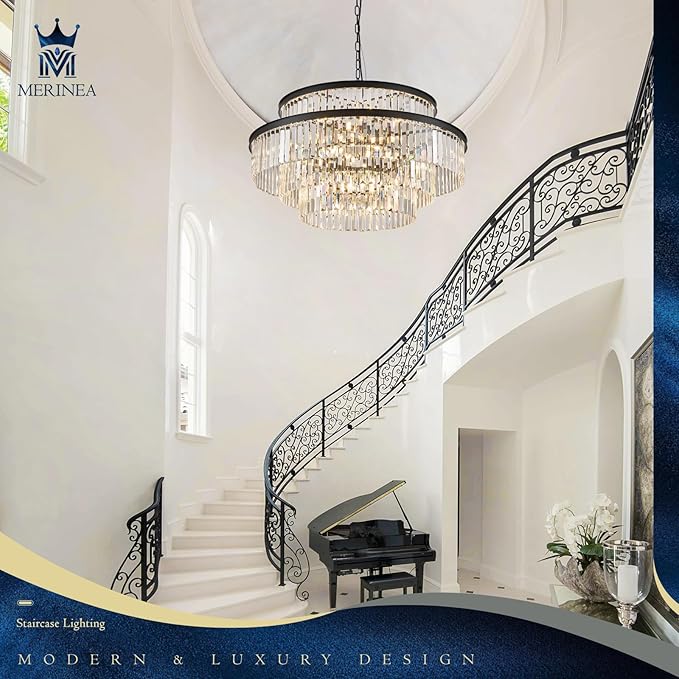 Large Black Crystal Chandeliers 20 Lights 31" Luxury 4-Tier K9 Crystal Lighting Modern Round Ceiling Pendant Light Fixture for Foyer Staircase Living Room Dining Room