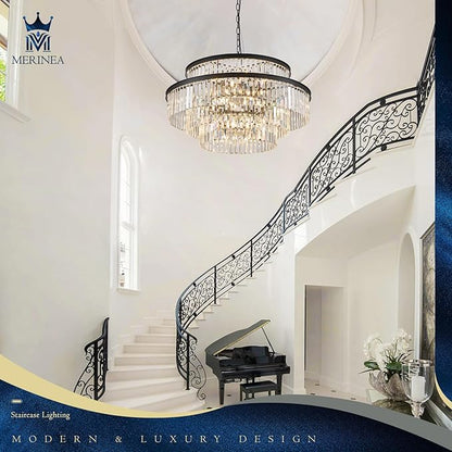 Large Black Crystal Chandeliers 20 Lights 31" Luxury 4-Tier K9 Crystal Lighting Modern Round Ceiling Pendant Light Fixture for Foyer Staircase Living Room Dining Room
