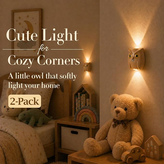 2-Pack Timber Owl Wall Lamp, Cute LED Night Light for Bedroom Decor, Warm Ambient Lighting for Kids Room, Nursery & Hallway, Creative Animal Wall Light, Gift for Home Decoration