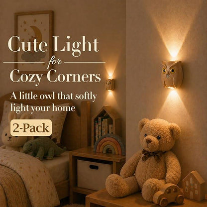 2-Pack Timber Owl Wall Lamp, Cute LED Night Light for Bedroom Decor, Warm Ambient Lighting for Kids Room, Nursery & Hallway, Creative Animal Wall Light, Gift for Home Decoration