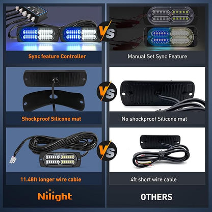 Nilight 4PCS LED Strobe lights 12V 24V Sync Feature Blue White 24LED Emergency Hazard Warning Lights with Controller Hard Wire or Cigarette Lighter Plug for Car Truck RVs Campers