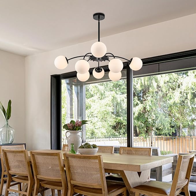 Longree 8-Light Black and White Sputnik Chandeliers with Milk Glass Pendant Light Fixture, with Blossom Accent Mid Century Frosted Glass Bubble Ceiling Lighting for Dining Entry Living Room
