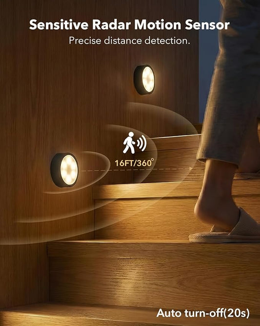 Radar Motion Sensor Puck Lights with Remote, 2400mAh RGB Rechargeable Wireless Under Cabinet Lighting for Kitchen, Magnet Stick on LED Closet Lights, Cordless Push Light for Counter, Stairs