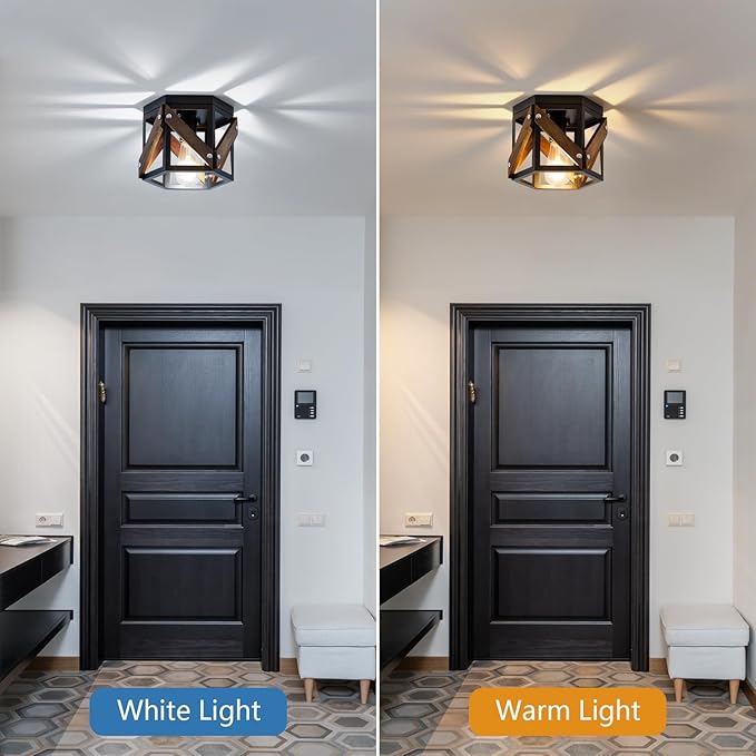XSDeTu 2 Pack Farmhouse Flush Mount Ceiling Light, Rustic Hallway Light Fixtures Ceiling, Vintage Black Lighting Fixtures with Metal and Wood Cage, Small Chandelier for Kitchen Sink Entryway Bathroom