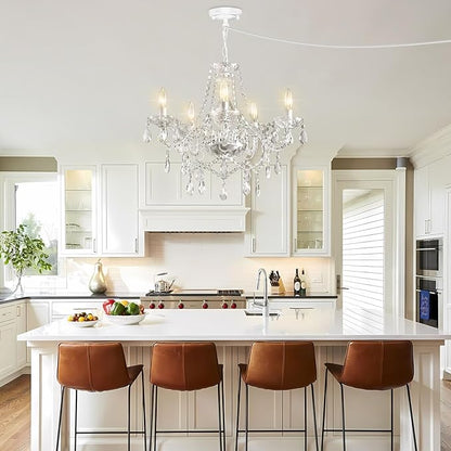 Plug in Chandelier Dimmable,5 Lights K9 Crystal Glass Pendant Light Fixture, Modern White Candle Hanging Chandelier for Bedroom Living Dining Room Kitchen Island