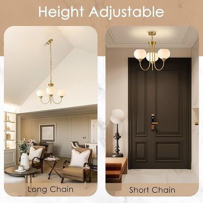 Modern Globe Chandelier 3 Light Mid Century White Milk Glass Vintage Sputnik Chandeliers Gold Pendant Light Fixtures for Dining Room Kitchen Living Room Bedroom