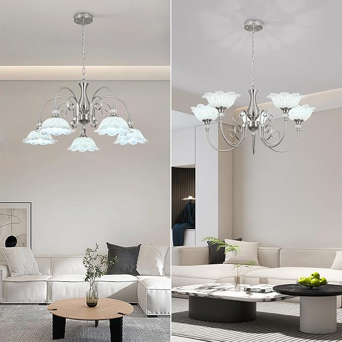 5-Light Chandeliers in Brushed Nickel Finish with White Glass Shades, Brushed Nickel Chandelier Light for Dining Room,Hallway,Kitchen
