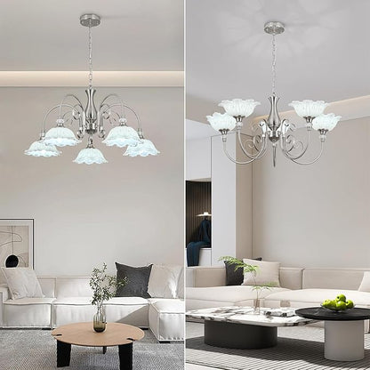 5-Light Chandeliers in Brushed Nickel Finish with White Glass Shades, Brushed Nickel Chandelier Light for Dining Room,Hallway,Kitchen