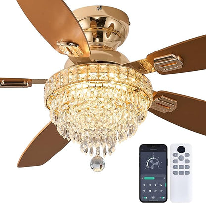 Crystal Ceiling Fan Fandelier with Lights-Ceiling Fans with Lights,54" Low Profile and Remote Control, Flush Mount, Reversible, Dimmable, Noiseless,Gold Ceiling Fan for Bedroom