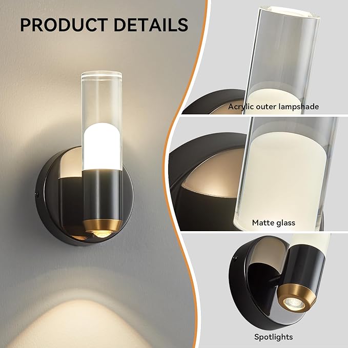 Modern Wall Sconces Set of Two Black Wall Lamp Sconces Wall Lighting LED Wall Lights Wall Decor, Indoor Up and Down Wall Lamp for Bedroom Bathroom Stair Entryway