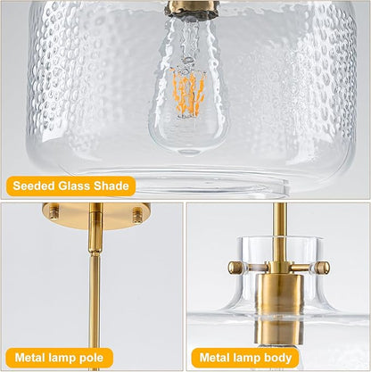 WILON Glass Pendant Lights Kitchen Island, 9.84'' Brass Gold Pendant Lighting Fixtures, Modern Hanging Ceiling Light with Clear Hammered Glass Shade for Farmhouse Dining Room Bedroom Hallway(Brass)