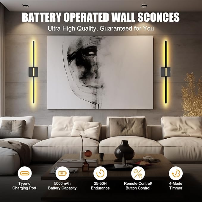 Battery Operated Wall Sconces Set of 2 Rechargeable LED Wall Lights, Dimmable 3000K-6500K, Battery Sconces Wall Decor for Bedroom Living Room Hallway