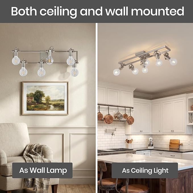 KEESFU 6-Light Nickel Track Lighting Fixtures Ceiling, Modern Silver LED Track Lighting with 6 Rotatable Heads, for Kitchen, Hallway, Living Room (Bulbs Not Included)