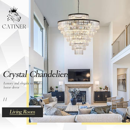 43.3" Large Crystal Chandeliers 28 Lights Black Modern Chandelier for Foyer Staircase High Ceiling 8 Tiers Round K9 Ceiling Pendant Lighting Fixture Luxury for Lobby Living Room