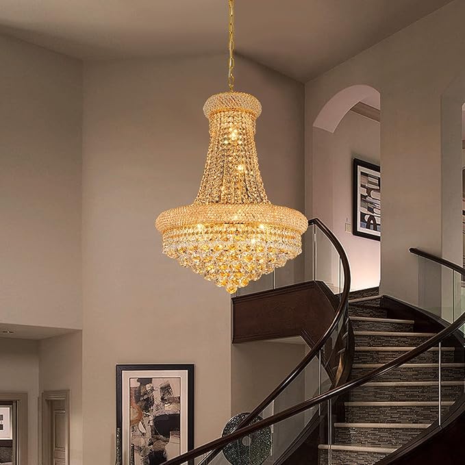 Crystal Chandeliers for Dining Room Light Fixture,Empire Style K9 Crystal Chandeliers for Entryway,12 Lights Gold Luxury Lighting Fixtures for Living Room Stairway Bedroom Foyer D22 Inch